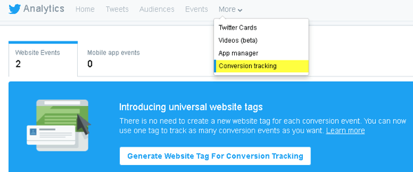 Twitter umožňuje přidat na váš web kód pro sledování konverzí a pro vytváření publika na míru.
