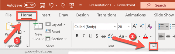 Přístup do nabídky možností písem v aplikaci PowerPoint v systému Windows