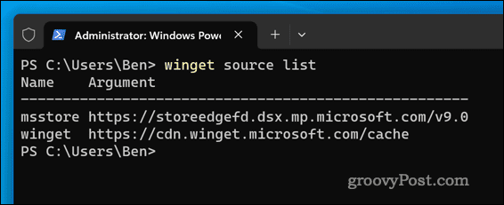 Příkaz Winget source list