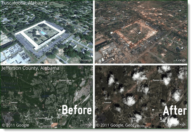 Podívejte se na dopady nedávných tornád Alabama prostřednictvím aplikace Picasa aplikace Google Earth