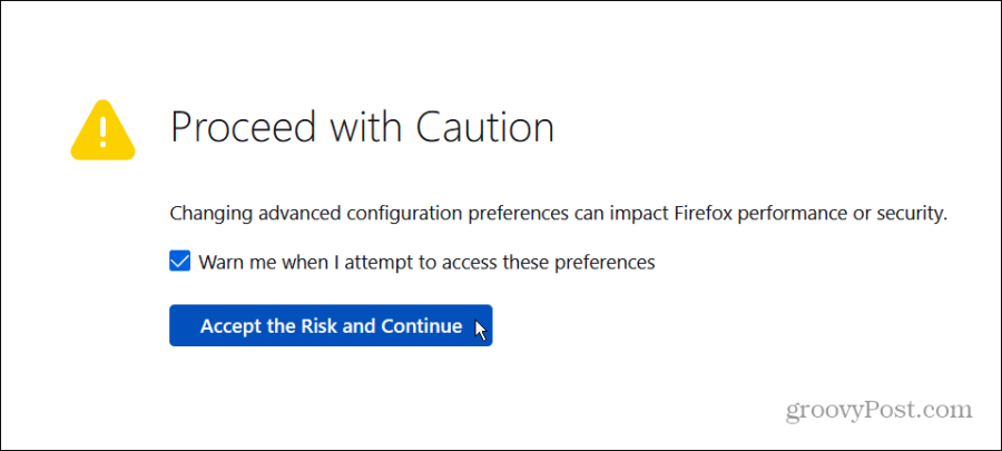 přijmout o riziku konfigurace firefox