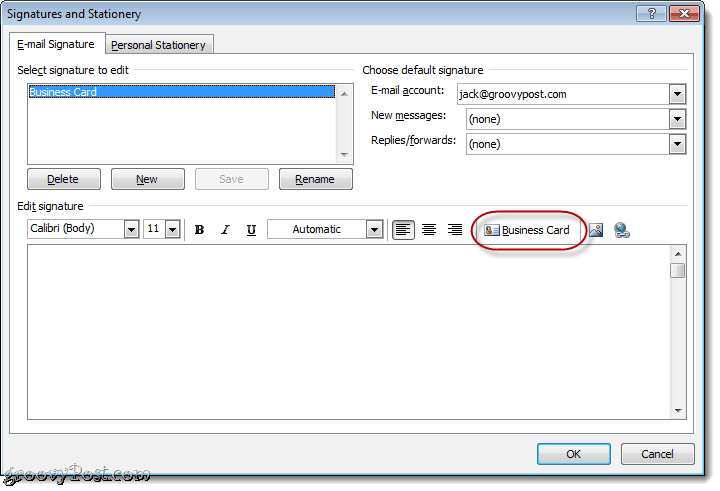 Připojte vizitku k e-mailovému podpisu aplikace Outlook 2010