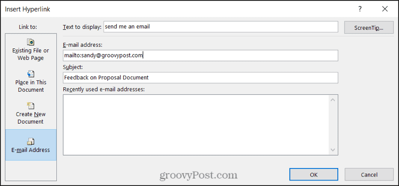 Odkaz na e-mail ve Wordu ve Windows