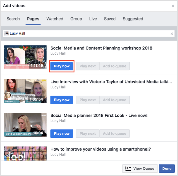 Kliknutím na Přehrát nyní zahájíte přehrávání videa během vaší sledovací párty na Facebooku.