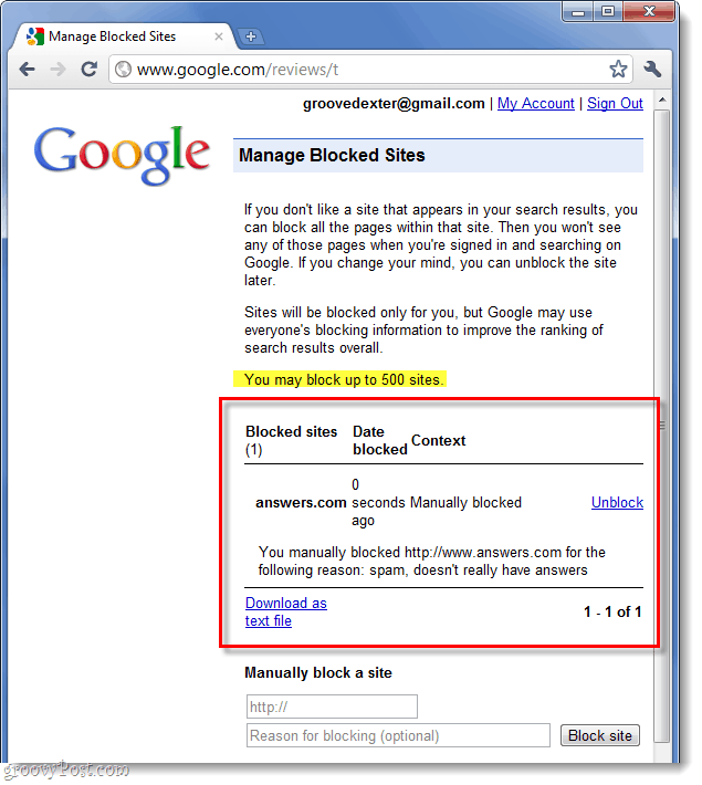 seznam vašich blokovaných webů Google