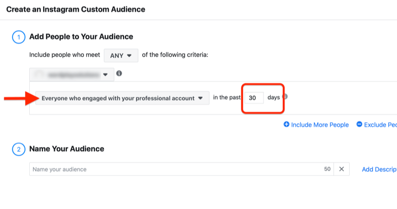 nabídka pro vytvoření vlastního publika instagramu s možností přidat lidi, kteří se za posledních 30 dní zapojili do vašeho profesionálního účtu