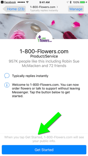 Odeslání zprávy na stránku 1-800-Flowers.com prostřednictvím jejich stránky na Facebooku umožňuje uživatelům snadno se stát zákazníky.