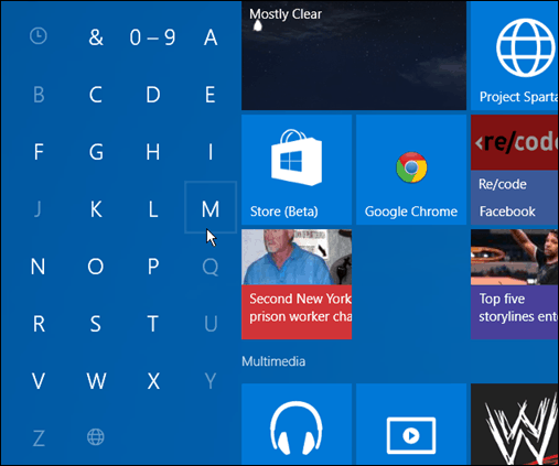 Prohledávejte aplikace první písmeno Windows 10