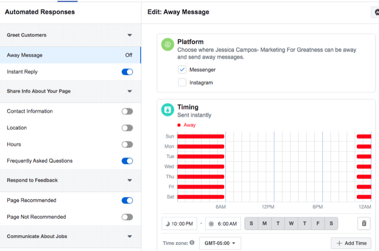 screenshot nastavení časování pro Facebook Messenger pryč automatickou odpověď zprávy