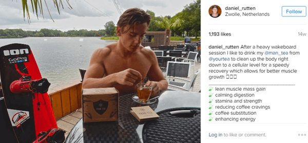 Sportovec Daniel Rutten pózuje s Man Tea a zdůrazňuje výhody pro jeho instagramové následovníky.