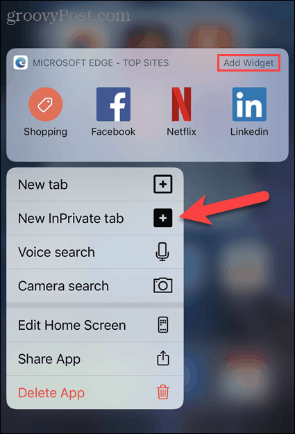 Vyberte ikonu Nová karta InPrivate z ikony Edge v iOS