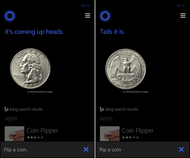 Cortana Flip a Coin