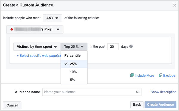 Dialogové okno Vytvořit vlastní publikum na Facebooku obsahuje možnosti cílení reklam na zákazníky, kteří na vašem webu strávili většinu času.
