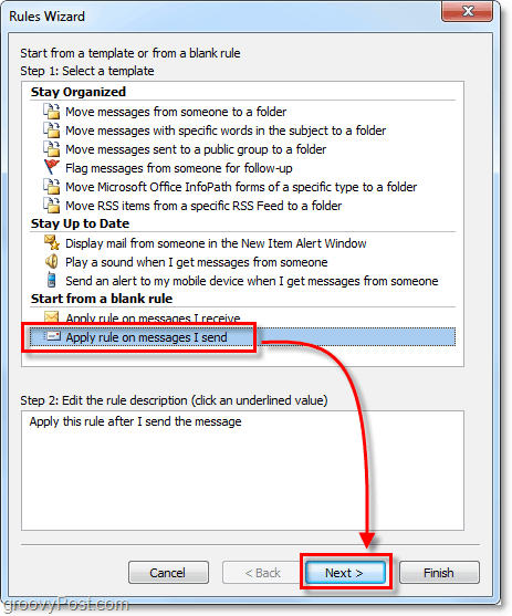 aplikovat pravidlo na zprávy, které posílám v aplikaci Outlook 2010