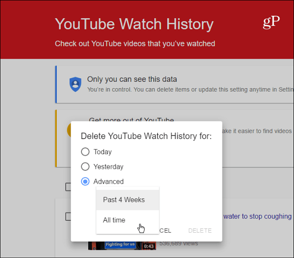 Smazat historii sledování YouTube
