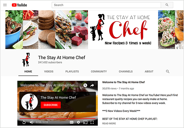 Toto je snímek obrazovky kanálu The Stay At Home Chef na YouTube. Titulní obrázek ukazuje ostře oříznuté fotografie několika jídel a siluetu ženy, která kráčí a drží za ruku malé dítě. Vedle siluety je název kanálu YouTube a text „Nové recepty třikrát týdně!“ Kanál má 247 432 předplatitelů. Je vybrána karta Domů, kde se vlevo zobrazí uvítací video a vpravo uvítací zpráva. Rachel Farnsworth říká, že YouTube má ve srovnání s YouTube vyšší míru udržení diváků.