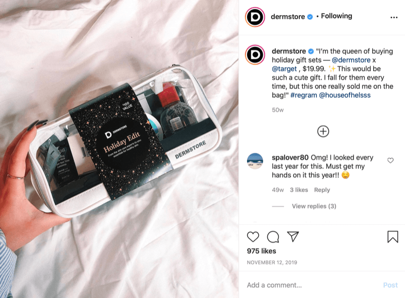 příklad sezónního dárku @dermstore nalezen a sdílen prostřednictvím příspěvku na instagramu s poznámkou o prodejní ceně a značení @target, kde probíhá prodej