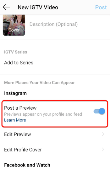 instagram igtv nové možnosti nabídky videa s aktivovanou možností zveřejnění náhledu