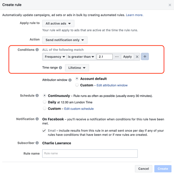Používejte automatická pravidla Facebooku, upozornění na frekvenci reklam nad 2.1, krok 2, nastavení podmínek