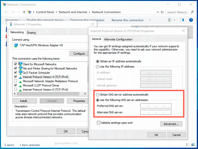 Okno nastavení DNS pro síťové připojení v systému Windows 10