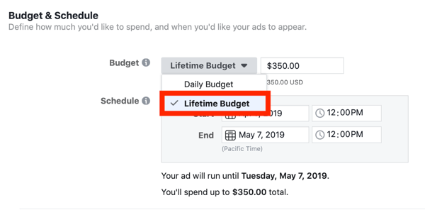 Tipy, jak snížit náklady na reklamu na Facebooku, možnost nastavit rozpočet kampaně na celoživotní rozpočet