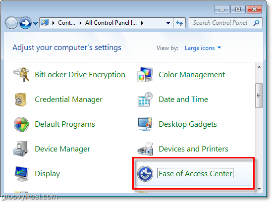 Pomocí ovládacího panelu systému Windows 7 přejděte do Centra usnadnění přístupu