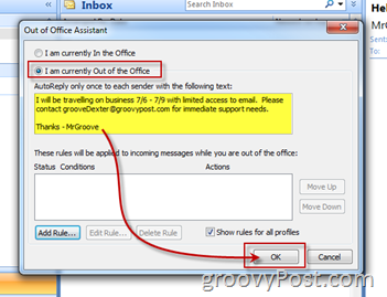 Povolit Zapnutí automatické odpovědi asistenta mimo kancelář v aplikaci Microsoft Outlook