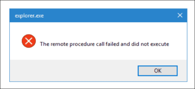 Příklad chyby vzdáleného volání procedury se nezdařilo při spouštění Průzkumníka souborů.