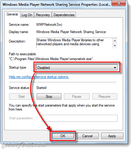 spouštěcí typ Windows Media Player deaktivován