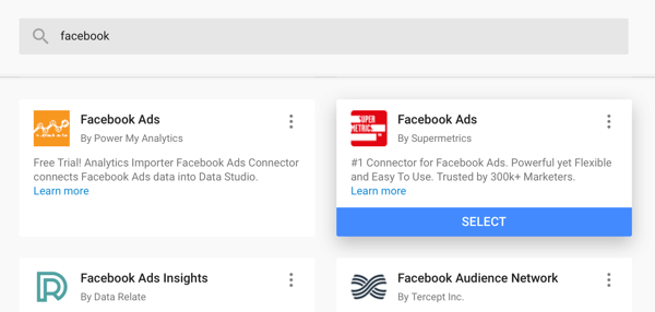 Použijte Google Data Studio k analýze svých reklam na Facebooku, krok 4, možnost použít jako zdroj dat konektor Facebook Ads od Supermetrics