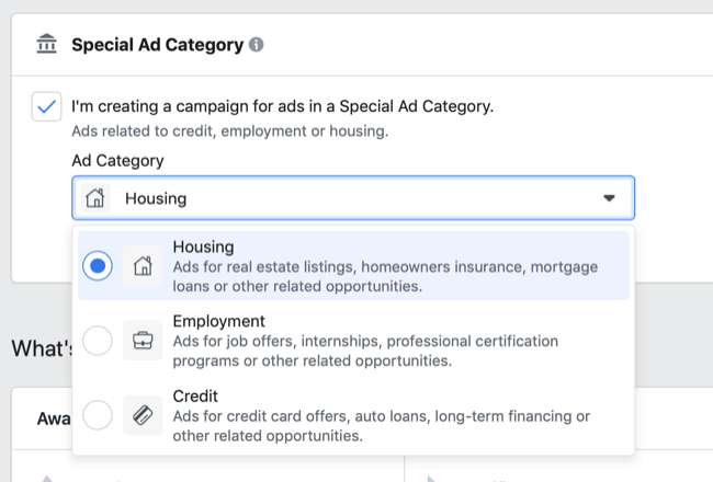 Možnosti zvláštní kategorie reklam na Facebooku v rozevírací nabídce Kategorie reklamy