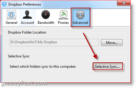 Stiskněte tlačítko DropBox Advanced Preferences Selective Sync