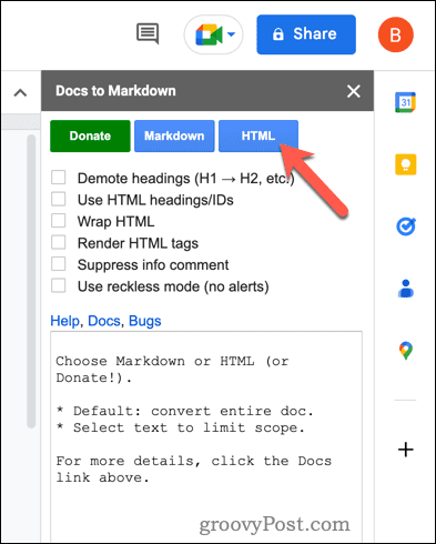 Převeďte do HTML pomocí Dokumentů na Markdown v Dokumentech Google