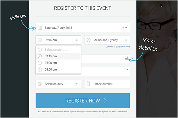 Andrew Hubbard používá vždyzelený webinář, aby si potenciální zákazníci mohli zvolit vhodný čas registrace. Tento registrační formulář umožňuje lidem vybrat si od 11:45, 14:00 nebo 17:00.