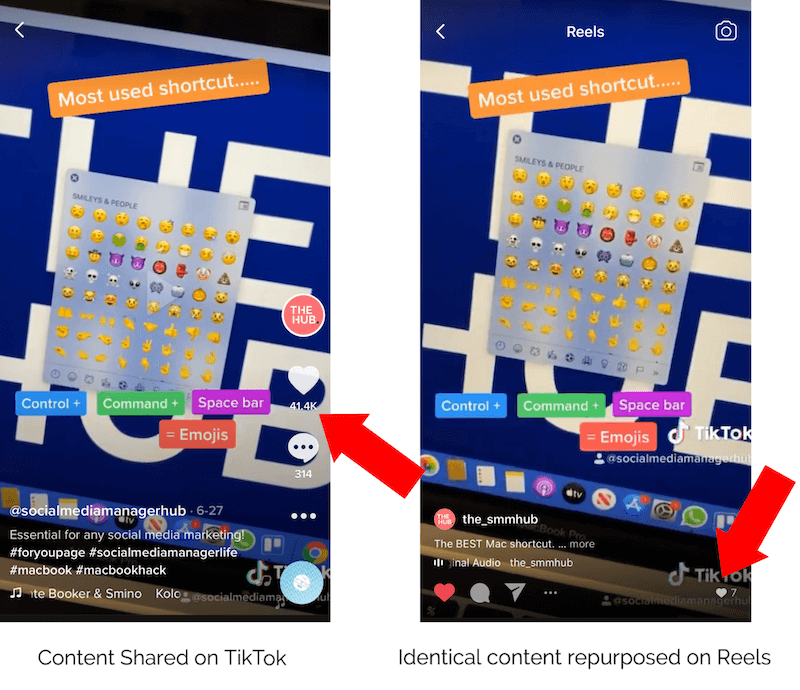 snímek obrazovky zobrazující video na tiktoku, poté přepracovaný na instagramové kotouče s videem kotoučů zobrazujícím logo tiktok a podobné číslo v dolním rohu