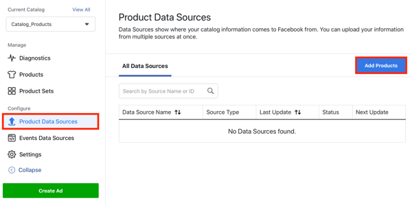 Pomocí nástroje pro nastavení událostí na Facebooku, krok 22, možnost nabídky, přidejte produkty na kartě zdroje dat o produktu na Facebooku