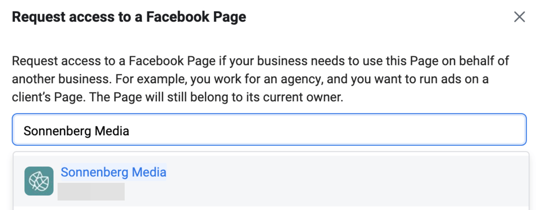 obrázek obrazovky Požadavek na přístup na stránku Facebook v Meta Business Manageru