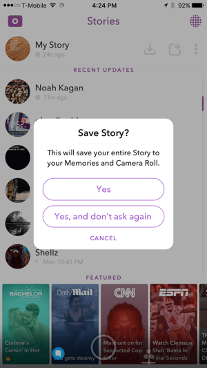 Klepnutím na Ano uložte svůj příběh Snapchat.