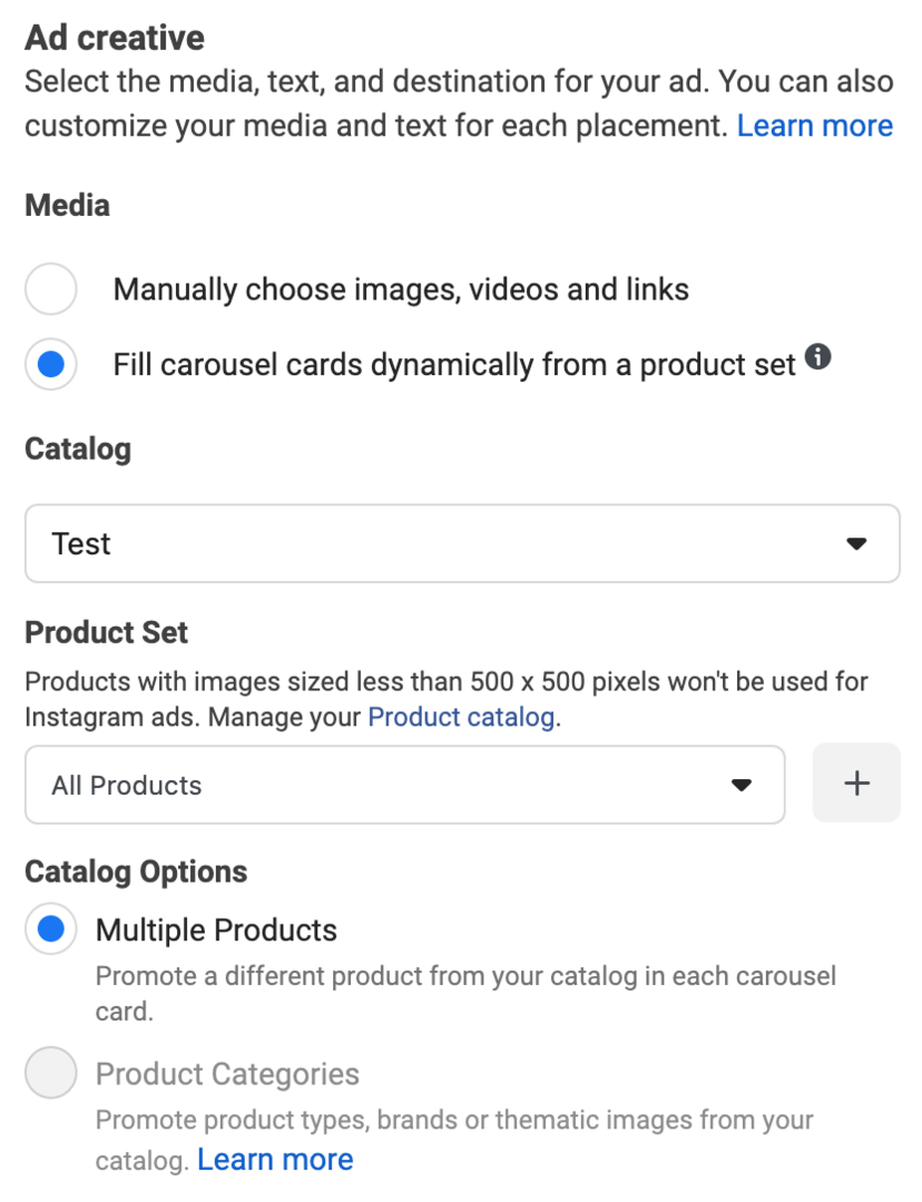obrázek Vyplnit karuselové karty dynamicky z možnosti sady produktů vybrané během nastavování reklamy na Facebooku