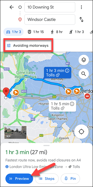 Mobilní trasa Map Google bez dálnic