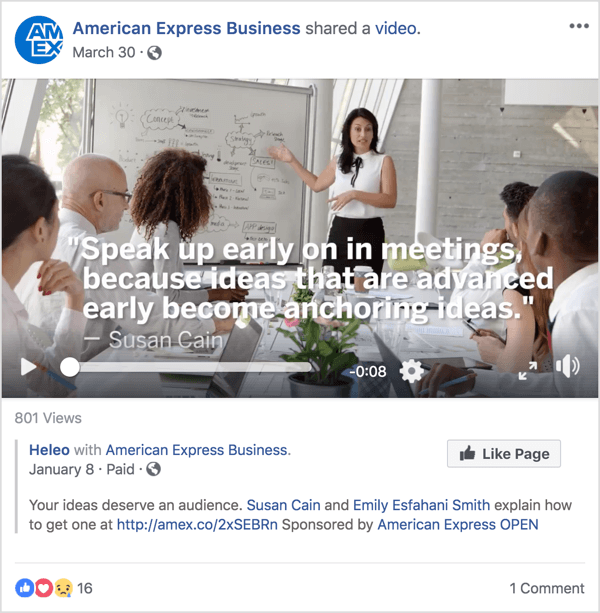 Tato reklama na Facebook pro American Express Business obsahuje Susan Cain, známou odbornici na vedení a správu, která dosáhla slávy díky nedávné TED Talk.
