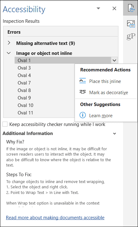Výsledky objektu Microsoft Office Accessibility Checker