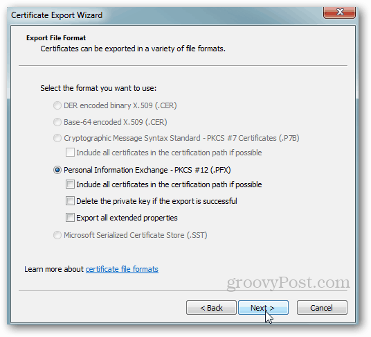 Export certifikátů systému Windows - Přijměte výchozí nastavení