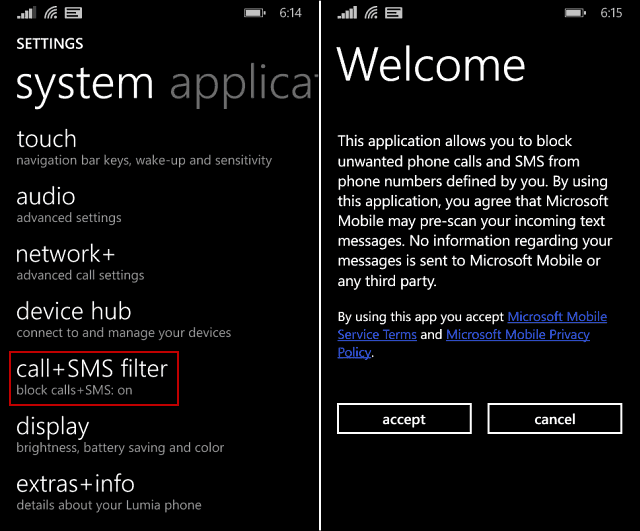 Blokování nechtěných telefonních hovorů a SMS v systému Windows Phone 8.1