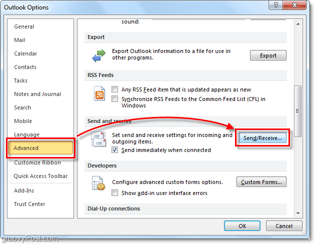 pokročilé možnosti odesílání a přijímání v aplikaci Outlook 2010