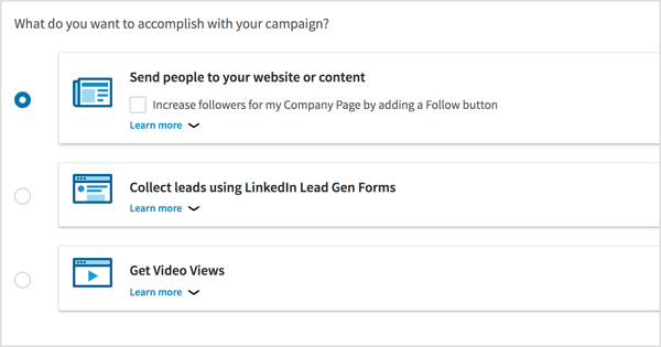 Vyberte cíl kampaně pro svou videoreklamu na LinkedIn.