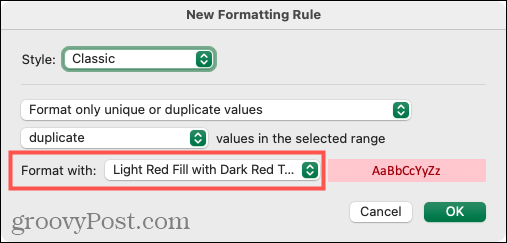 Vyberte Formátování pro duplikáty v aplikaci Excel pro Mac