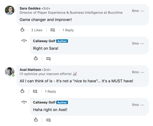 Komentáře členů LinkedIn k příspěvku Callaway Golf
