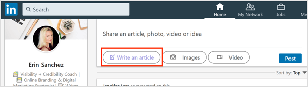 Na LinkedIn klikněte na tlačítko Napsat článek.