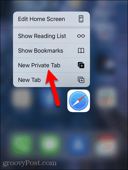 Dlouho stiskněte ikonu Safari a klepněte na Nová soukromá karta
